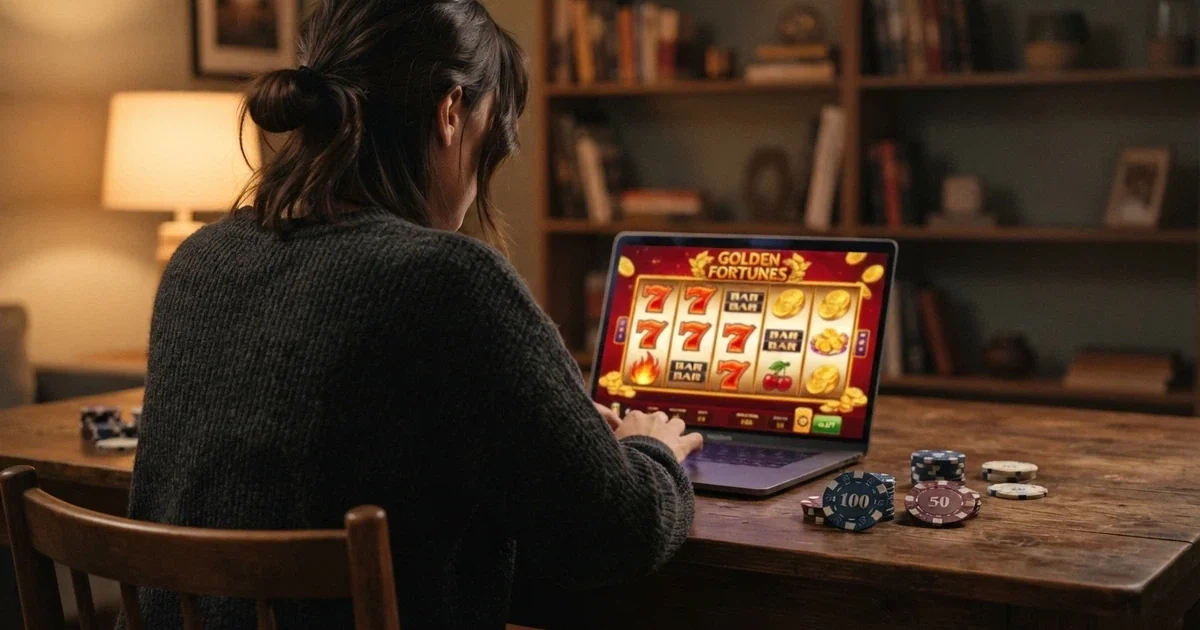 Un jugador consultando una página de casino online en una pantalla, con fichas de tragaperras y el logo de la DGOJ visibles en la interfaz