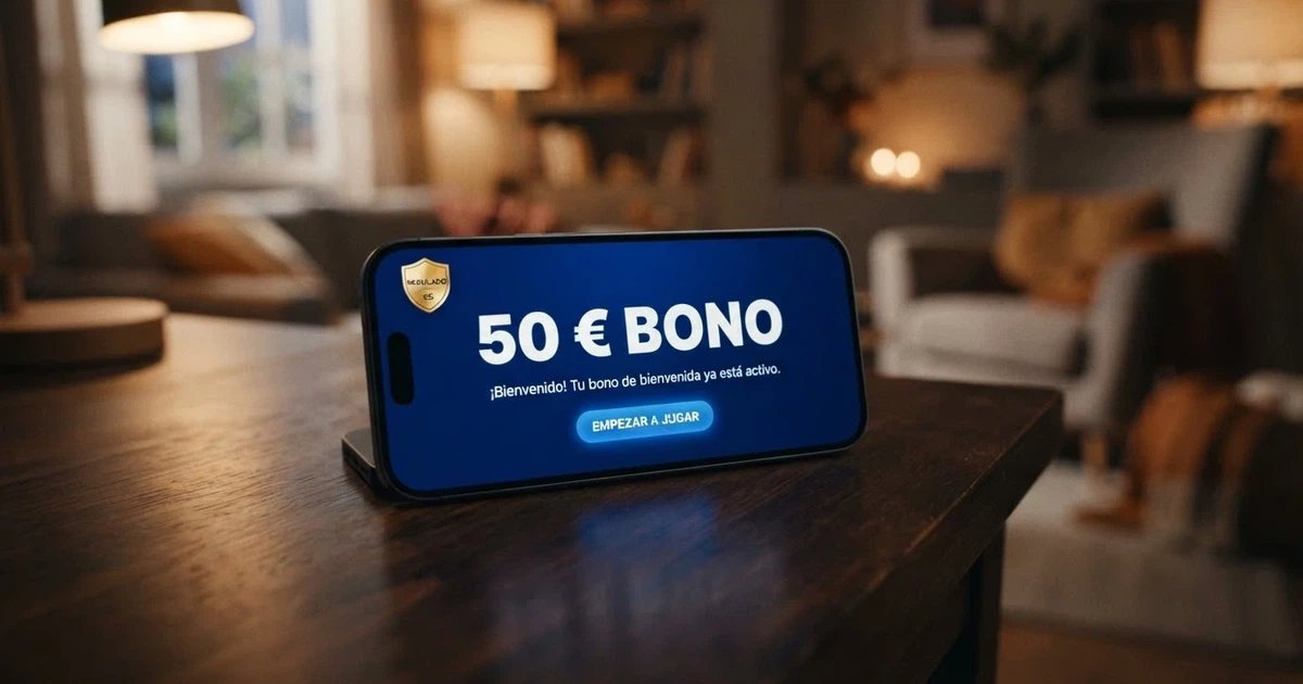 Pantalla de inicio de un casino online con licencia española mostrando un banner de bono de bienvenida sin depósito de 50 € junto al sello de la DGOJ