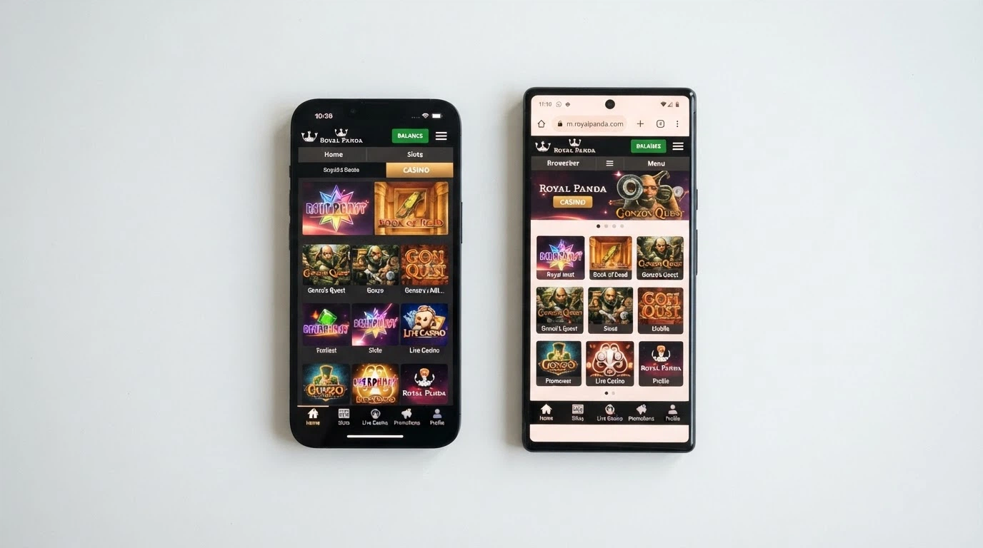 Dos móviles uno al lado del otro: el izquierdo muestra una app de casino abierta, el derecho el mismo casino cargado en el navegador