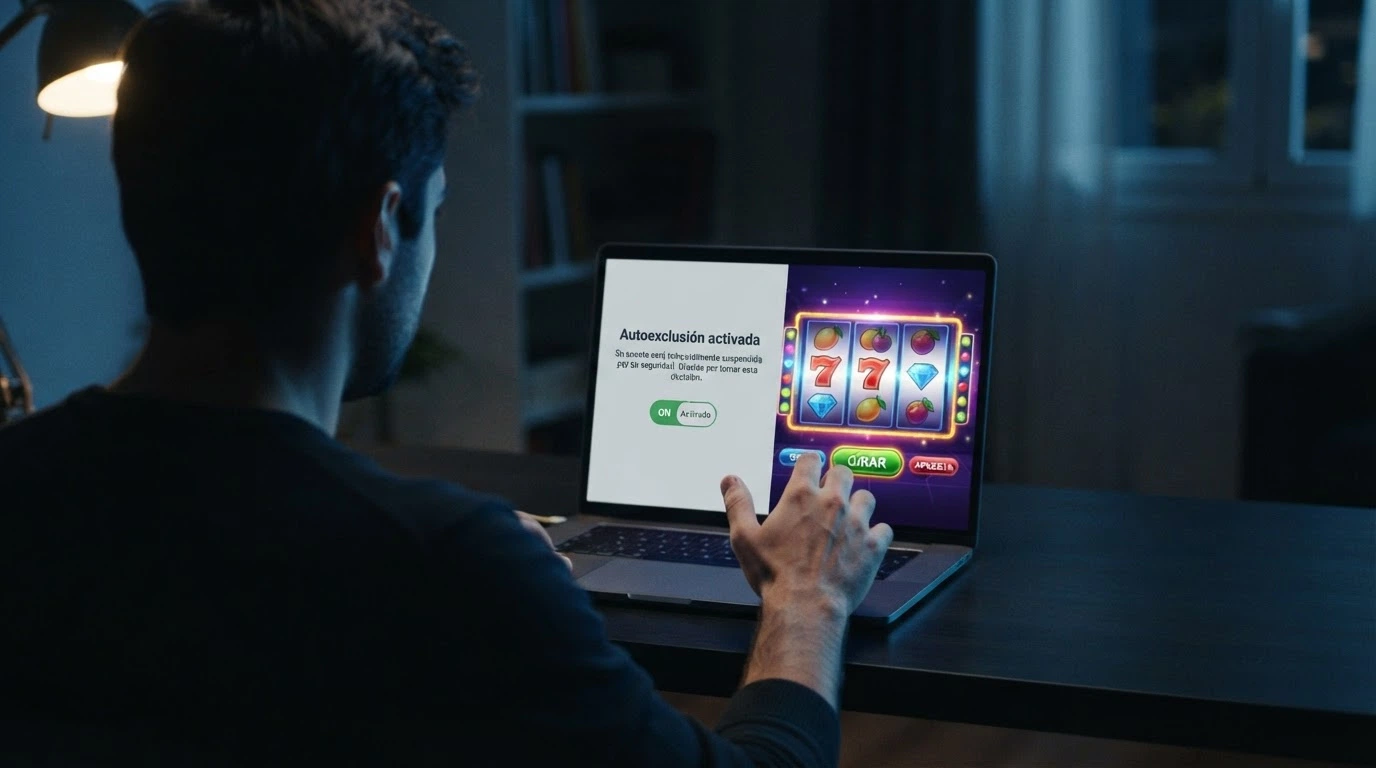 Una persona alejando la mano de una pantalla dividida entre el logo del RGIAJ tachado y la interfaz de un casino online