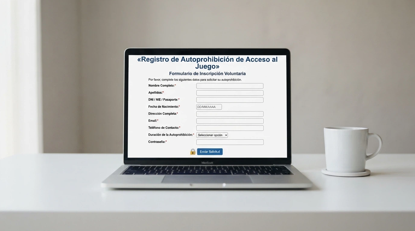 Pantalla de ordenador mostrando el formulario de inscripción del RGIAJ en la web de la DGOJ, con un candado abierto y el texto «autoprohibición» en español
