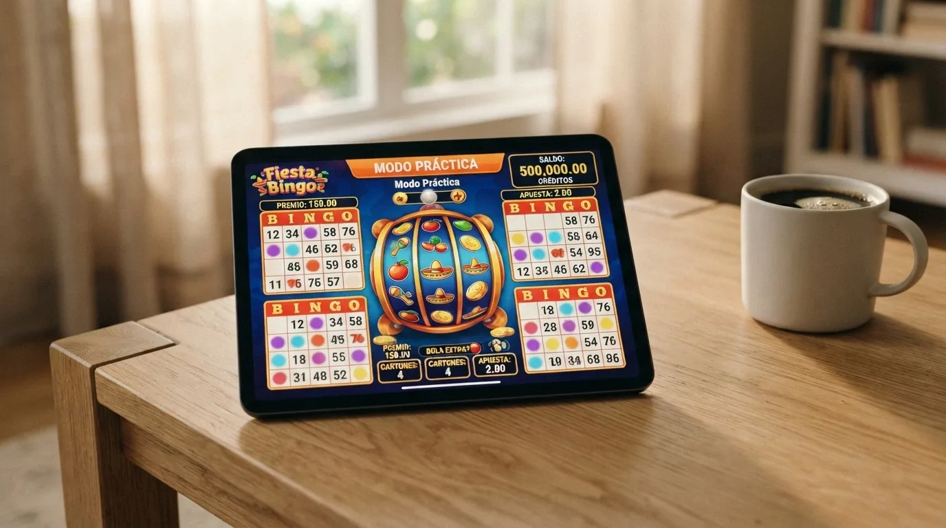 Pantalla de modo demo de un video bingo con un saldo ficticio de varios miles de euros, los carretes en movimiento y un mensaje de «modo práctica» en la esquina