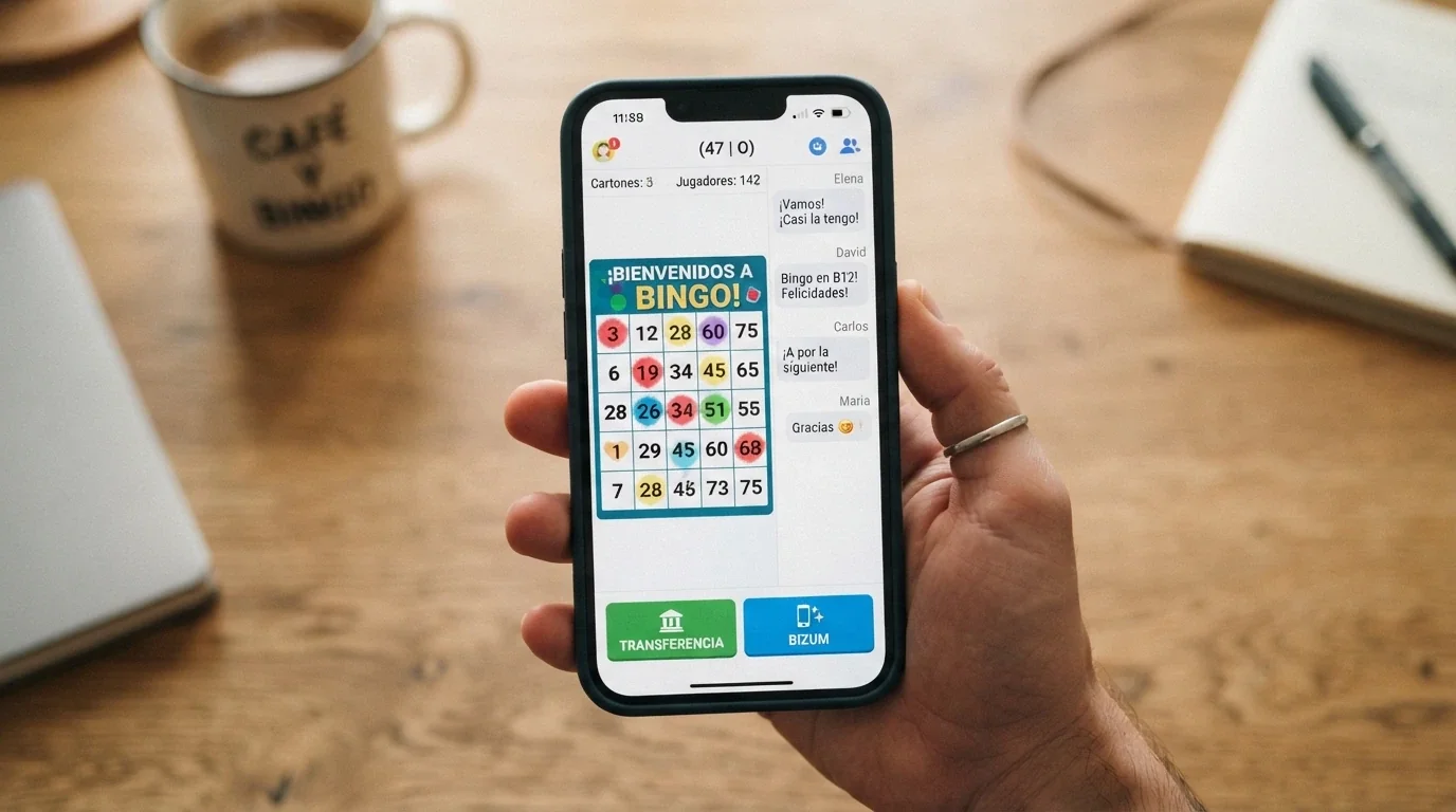 Teléfono móvil mostrando una partida de bingo online en curso con los cartones visibles, el chat lateral activo y botones de depósito con Bizum y Apple Pay