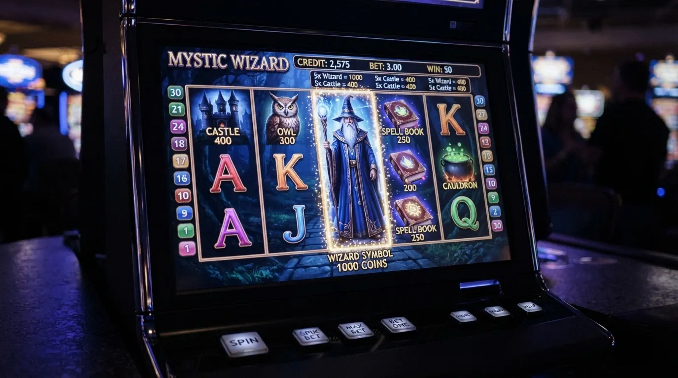 Pantalla principal de la tragaperras Fire Blaze: Blue Wizard con sus 5 rodillos, 30 líneas de pago y el mago como símbolo central