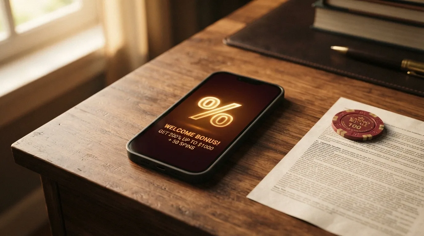 Pantalla de un casino crypto mostrando una oferta de bono de bienvenida con el porcentaje destacado y la letra pequeña de los términos debajo
