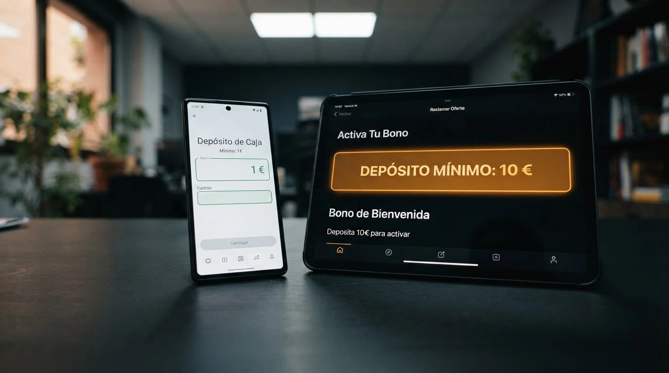 Comparativa visual de dos pantallas: el cajero aceptando 1 euro y la sección de bonos mostrando un mínimo de 10 euros