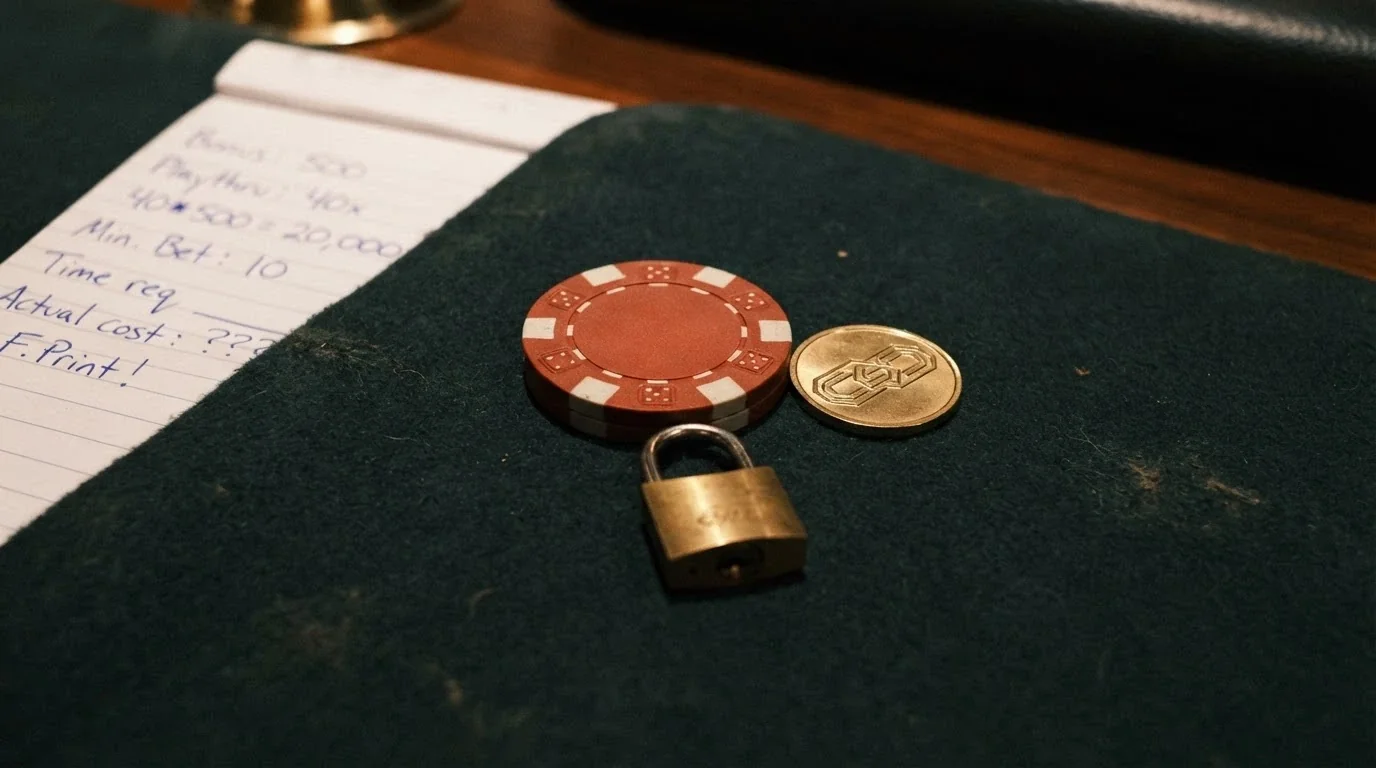 Ficha de casino con el logo de BNB y una etiqueta que muestra un porcentaje de wagering junto a un candado