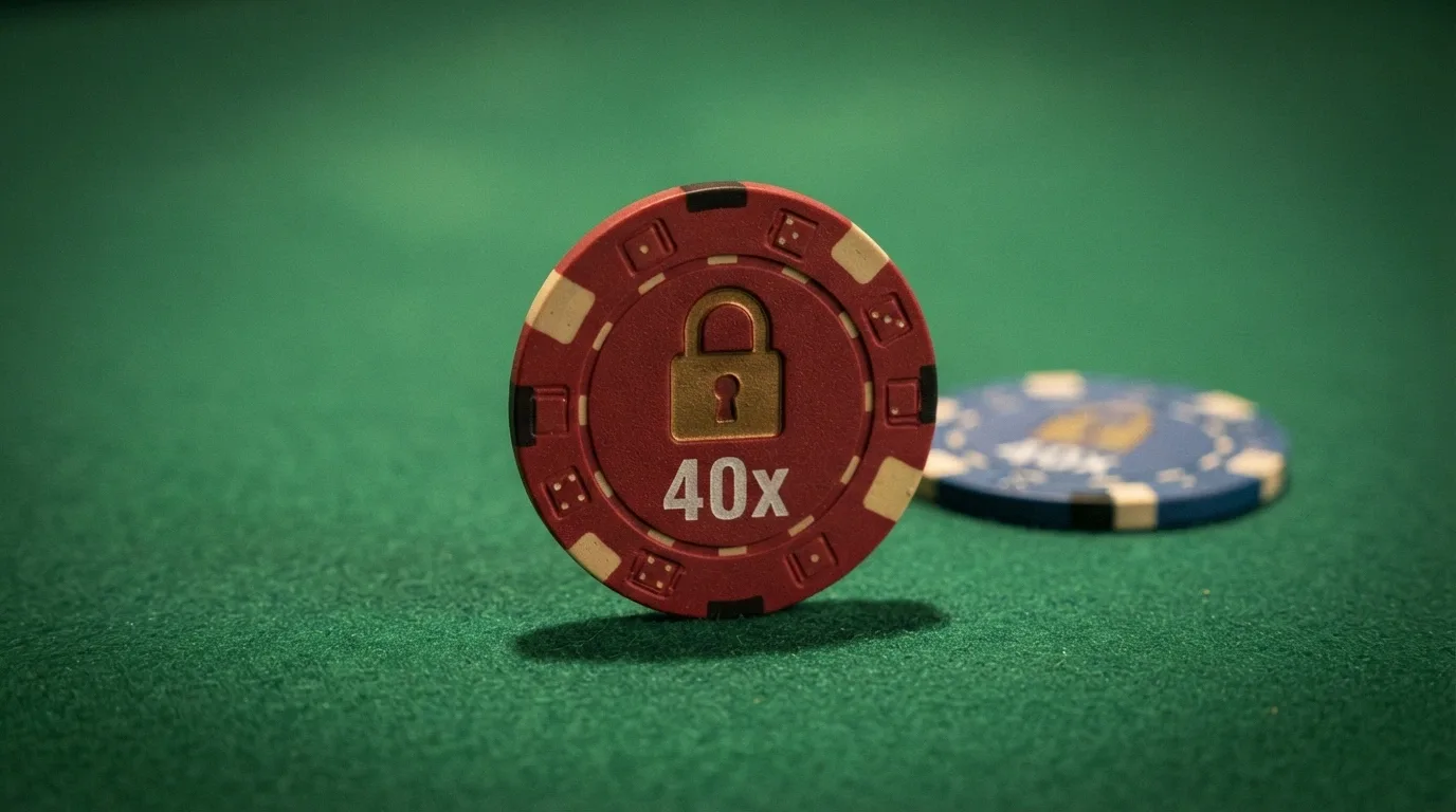 ficha de casino con un candado cerrado y una etiqueta que muestra un multiplicador de apuesta sobre un tapete verde
