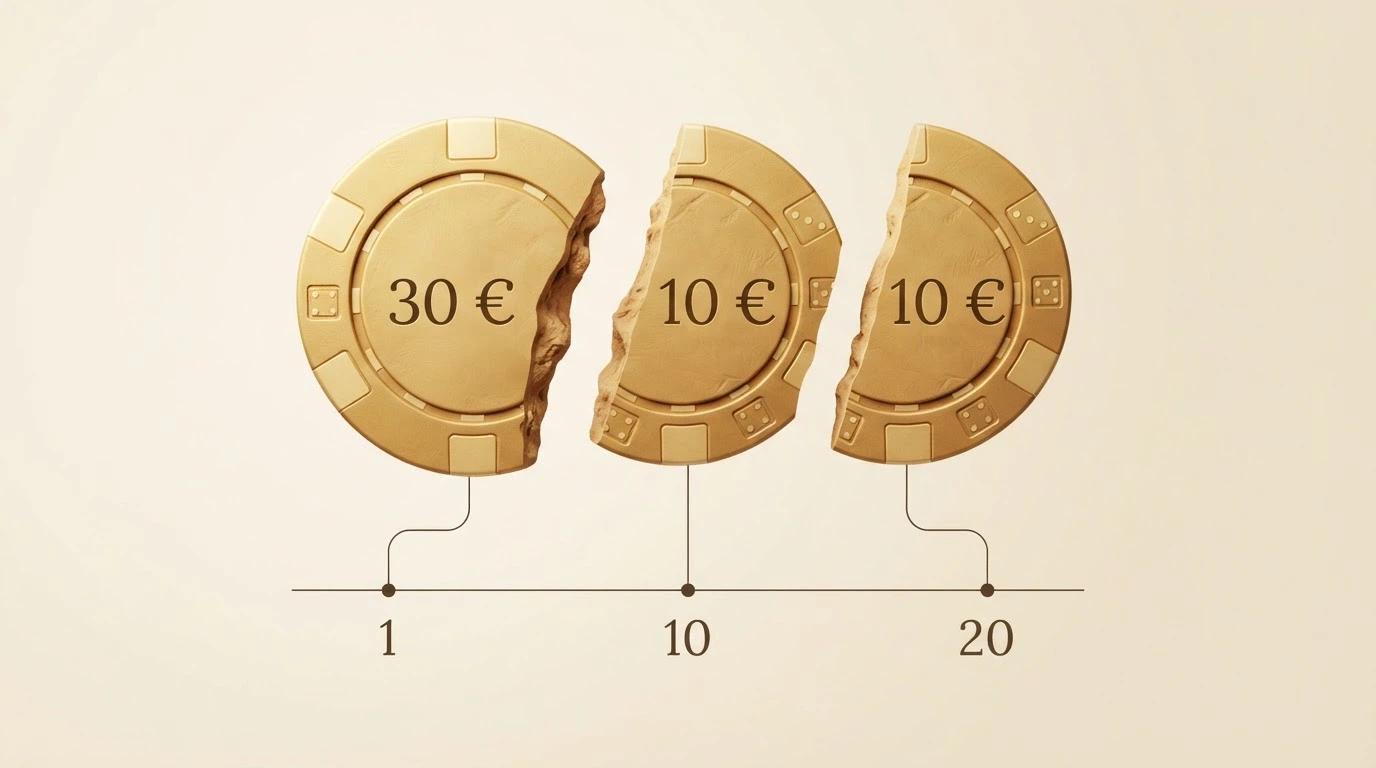 Infografía que muestra un billete de 50 € partido en tres fracciones (30 €, 10 €, 10 €) con un calendario que marca los días 1, 10 y 20