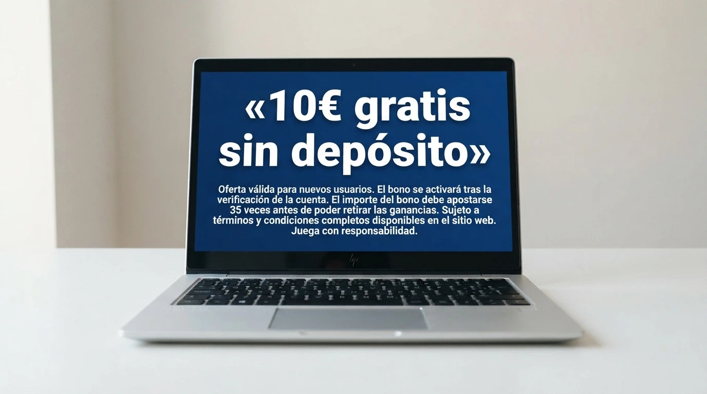 Pantalla de promoción de un casino online español con el texto «10€ gratis sin depósito» y las condiciones en letra pequeña debajo