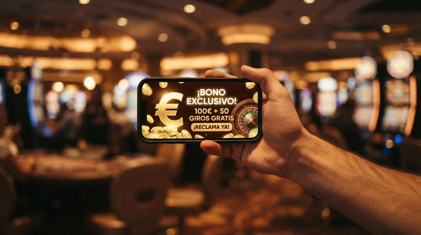 Pantalla de promoción de bono de bienvenida en un casino online español con las condiciones visibles