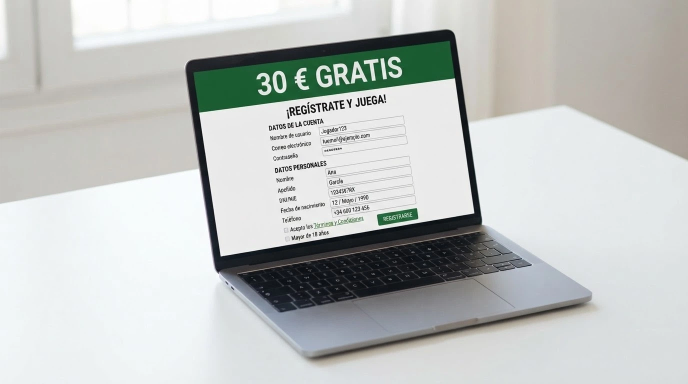 Interfaz de registro en un casino online español con el banner de bono sin depósito visible