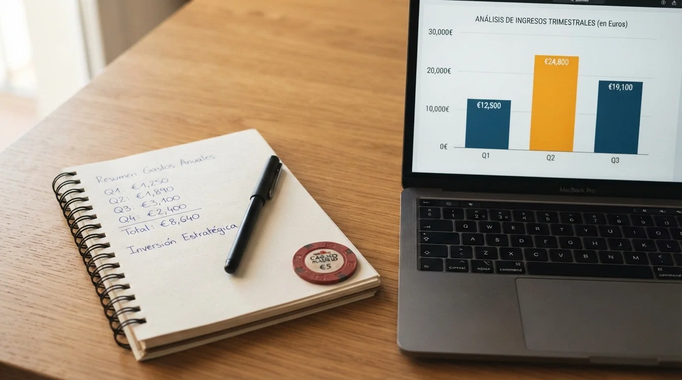 Primer plano de una calculadora junto a una pantalla con los términos de un bono de bienvenida (porcentaje, rollover, plazo), con anotaciones a mano subrayando el requisito de apuesta
