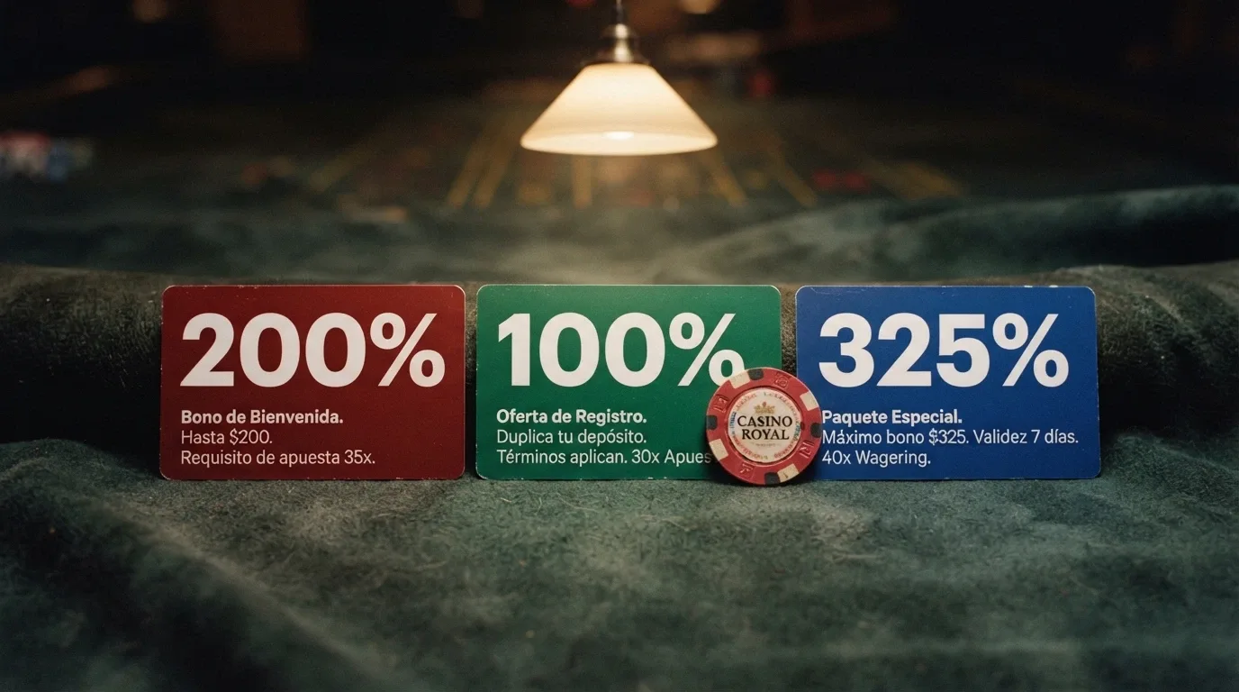 Comparativa visual de tres ofertas de bono de bienvenida en casinos BCH con sus porcentajes y letra pequeña de wagering