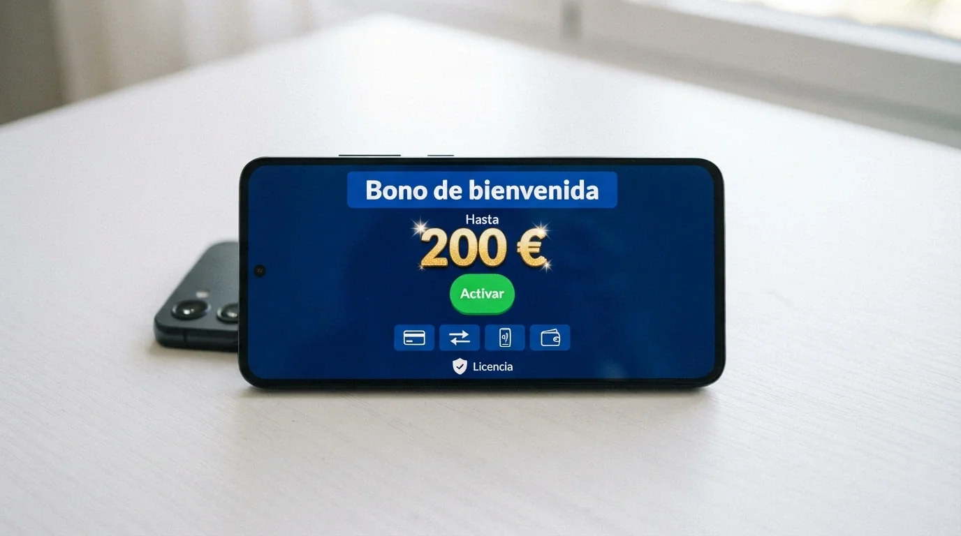 Pantalla de bienvenida de un casino online español mostrando una oferta de bono junto a iconos de métodos de pago y el sello de licencia DGOJ