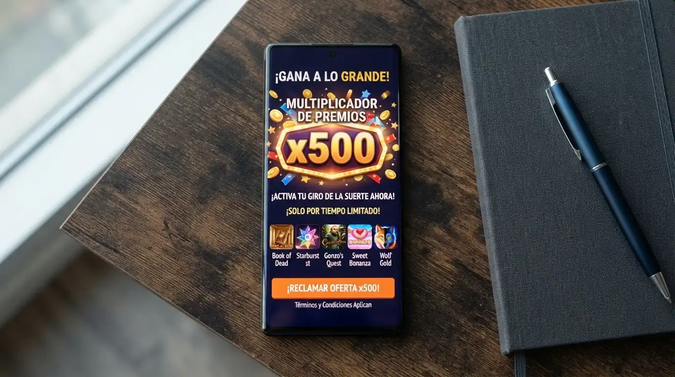 Primer plano de un móvil mostrando términos y condiciones de un bono de casino con rollover destacado