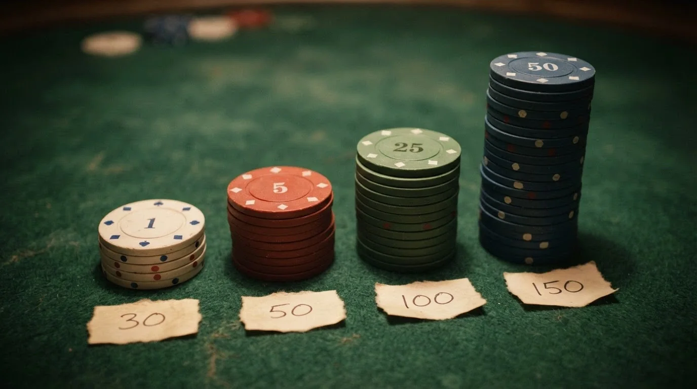 Cuatro pilas de monedas de diferente altura etiquetadas con 30, 50, 100 y 150 sobre un tapete de casino