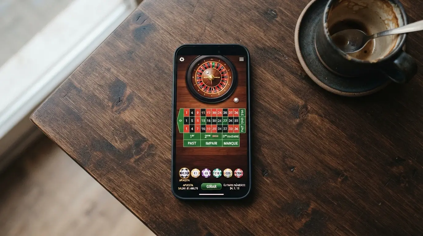Teléfono móvil mostrando una mesa de ruleta en vivo de Evolution con interfaz táctil de apuestas