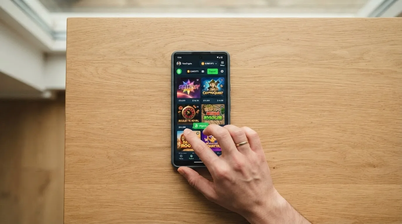 Un teléfono móvil mostrando la interfaz adaptativa de un casino online con el logo de Bitcoin Cash visible