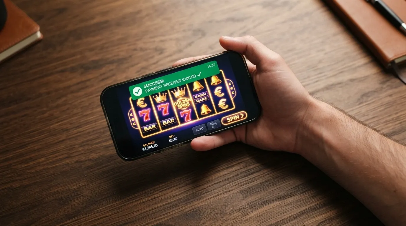 Mano sujetando un teléfono en horizontal con un casino online abierto y la notificación de CaixaBank Pay superpuesta confirmando el pago