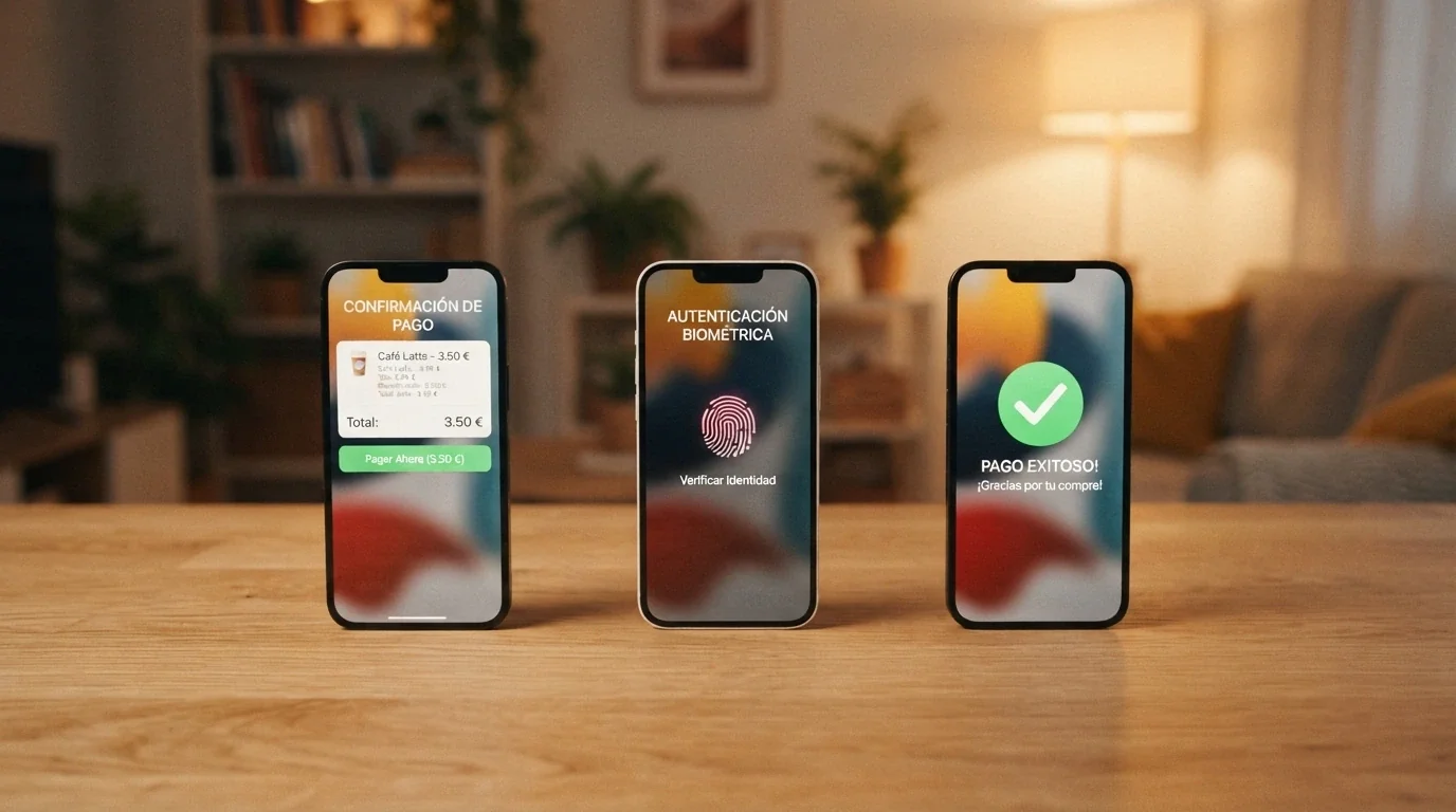 Secuencia de tres pantallas de un iPhone: selección de Apple Pay en el cajero del casino, autenticación Face ID y confirmación del depósito