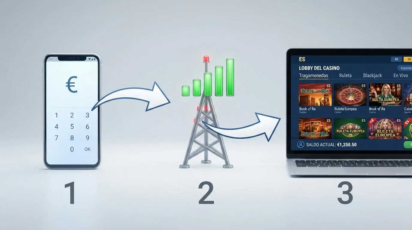 Diagrama de tres pasos que conecta un teléfono móvil, una torre de telefonía con los logos de Movistar, Vodafone, Orange y Yoigo, y la pantalla de un casino online con el saldo actualizado