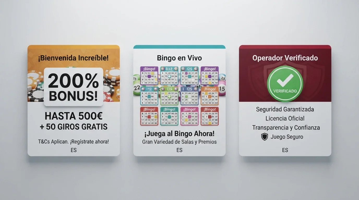 Pantalla dividida con las fichas de tres operadores de bingo online mostrando su bono de bienvenida, salas disponibles y sello de licencia DGOJ