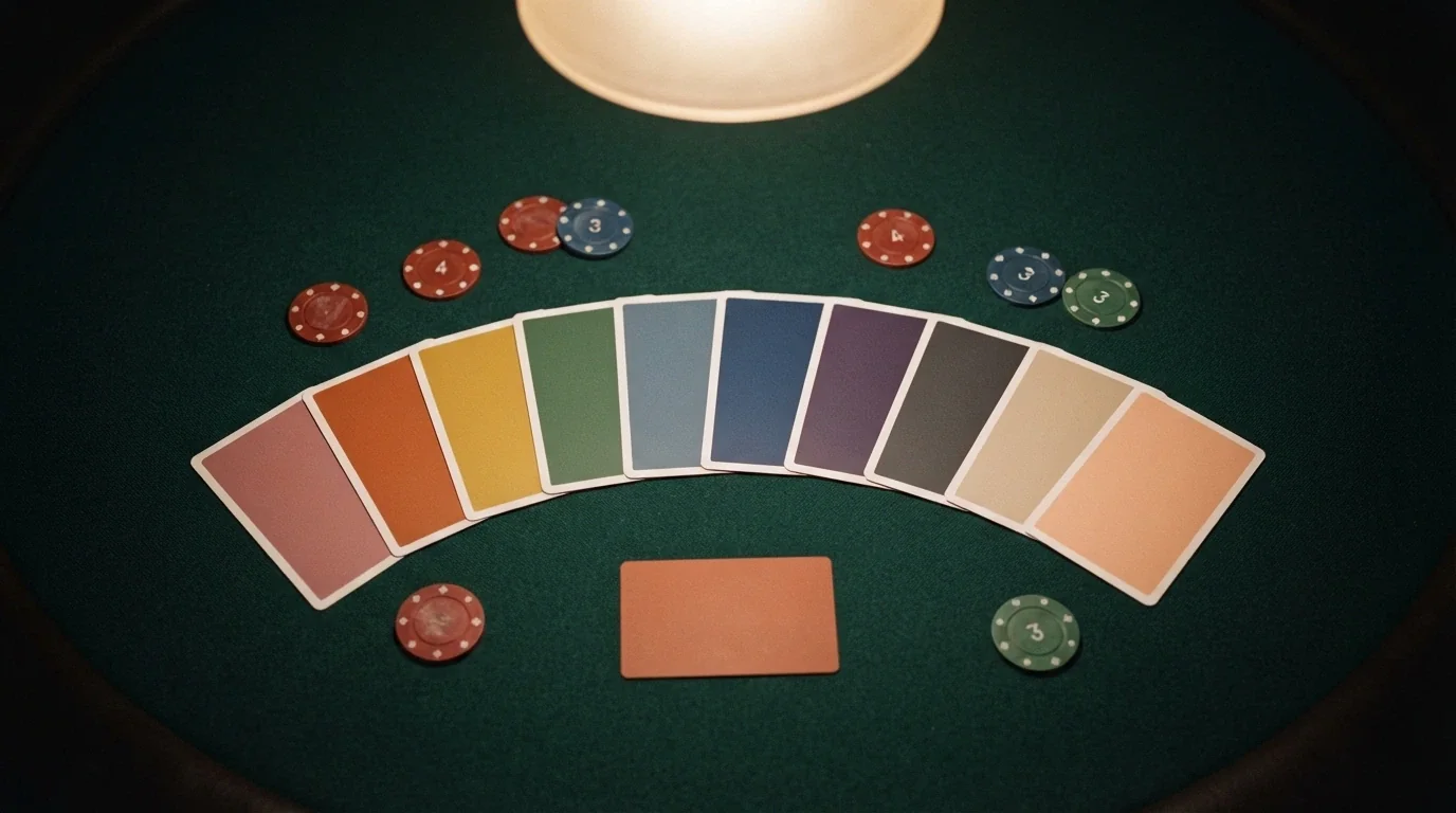 Vista cenital de una mesa con diez cartas de casino boca arriba, cada una con el logo de un operador del ranking, dispuestas en abanico