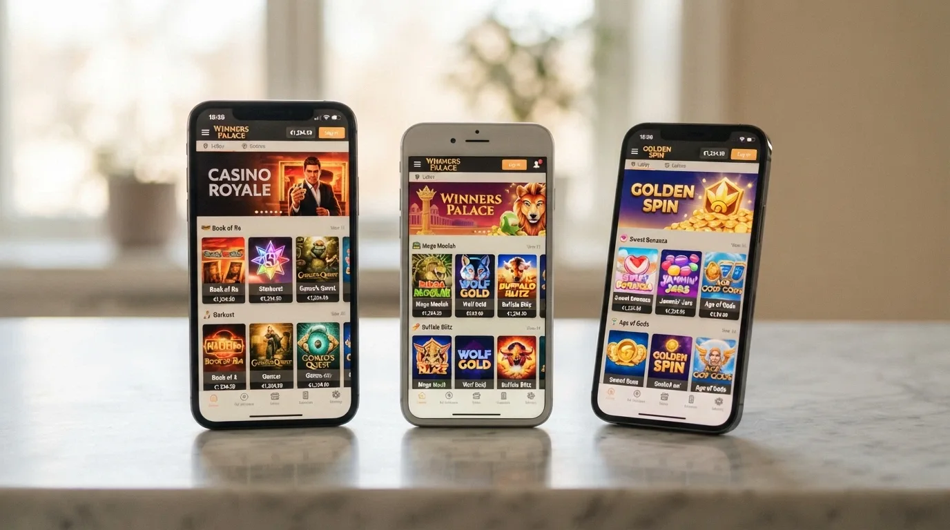 Varias pantallas de inicio de apps de casino alineadas mostrando distintos catálogos de tragaperras