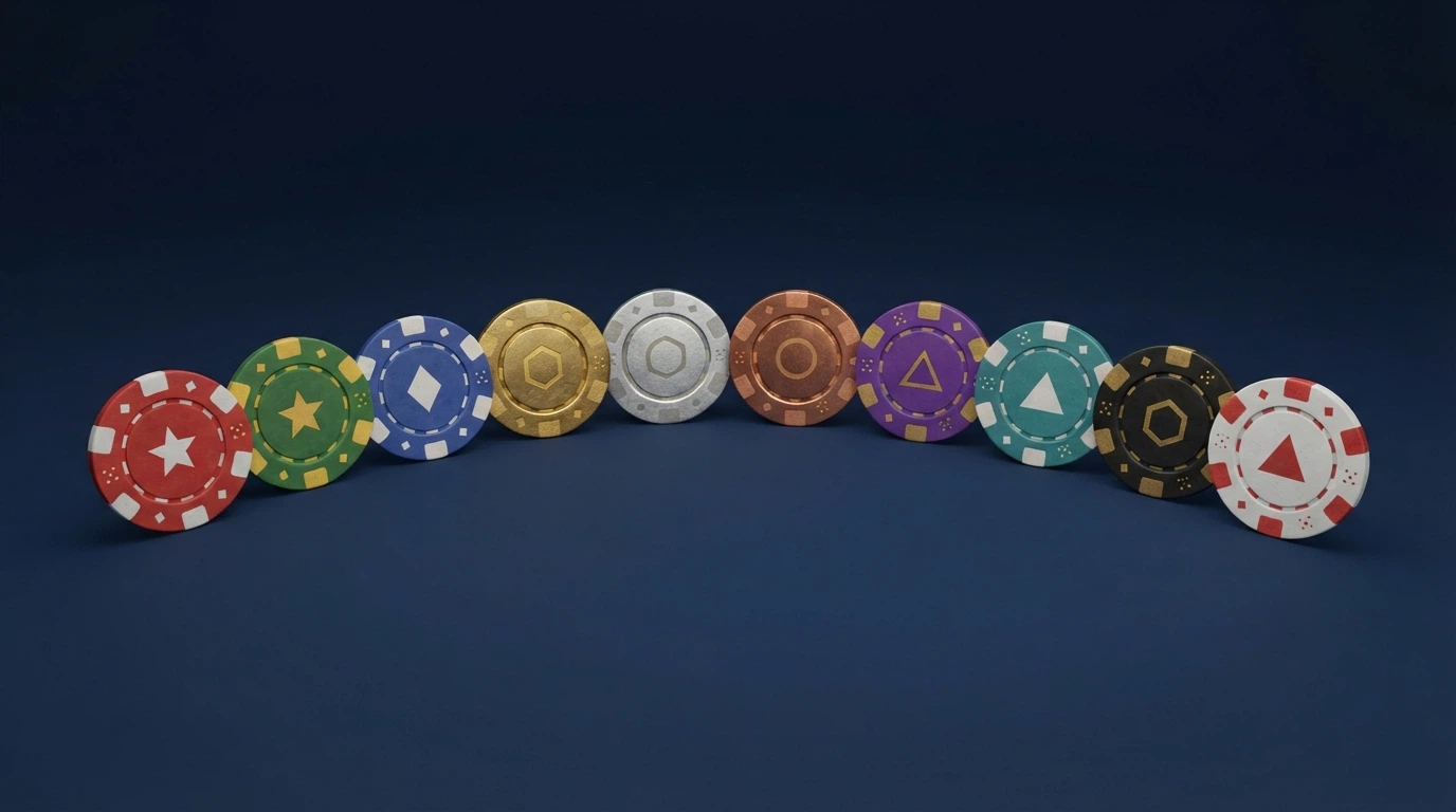 Una tabla comparativa visual con fichas de casino que representan distintos operadores, cada una con un color y símbolo de criptomoneda diferente