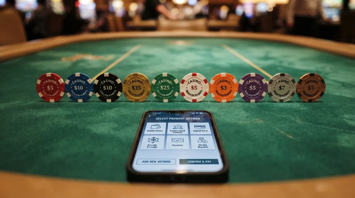 Diez fichas de casino ordenadas en fila, cada una con el logo de un operador DGOJ distinto, sobre una mesa de juego verde con un teléfono móvil en primer plano