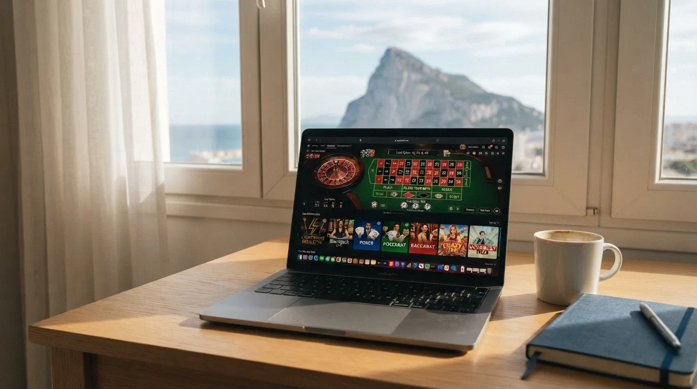 Pantalla dividida mostrando interfaces de casino online con el Peñón de fondo