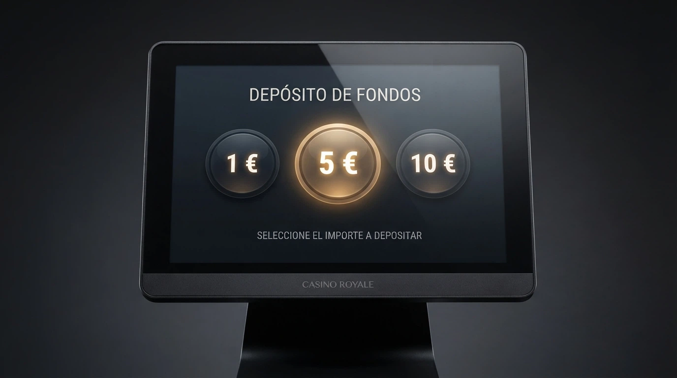 Interfaz de cajero de un casino con licencia DGOJ mostrando tres importes de depósito: 1€, 5€ y 10€, con el de 5€ resaltado