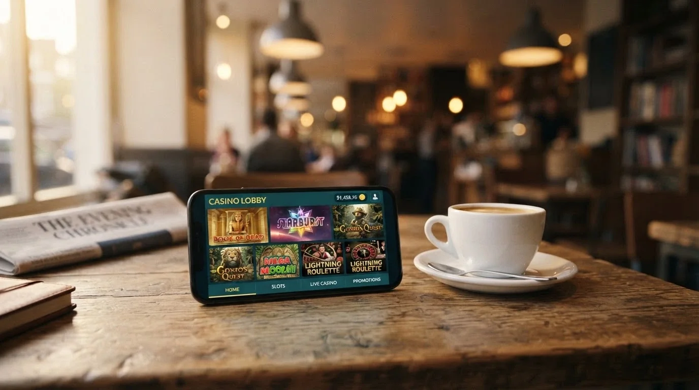 Un iPhone apoyado sobre una mesa junto a una taza de café, con la pantalla mostrando la interfaz de un casino online español y el logo de Apple Pay