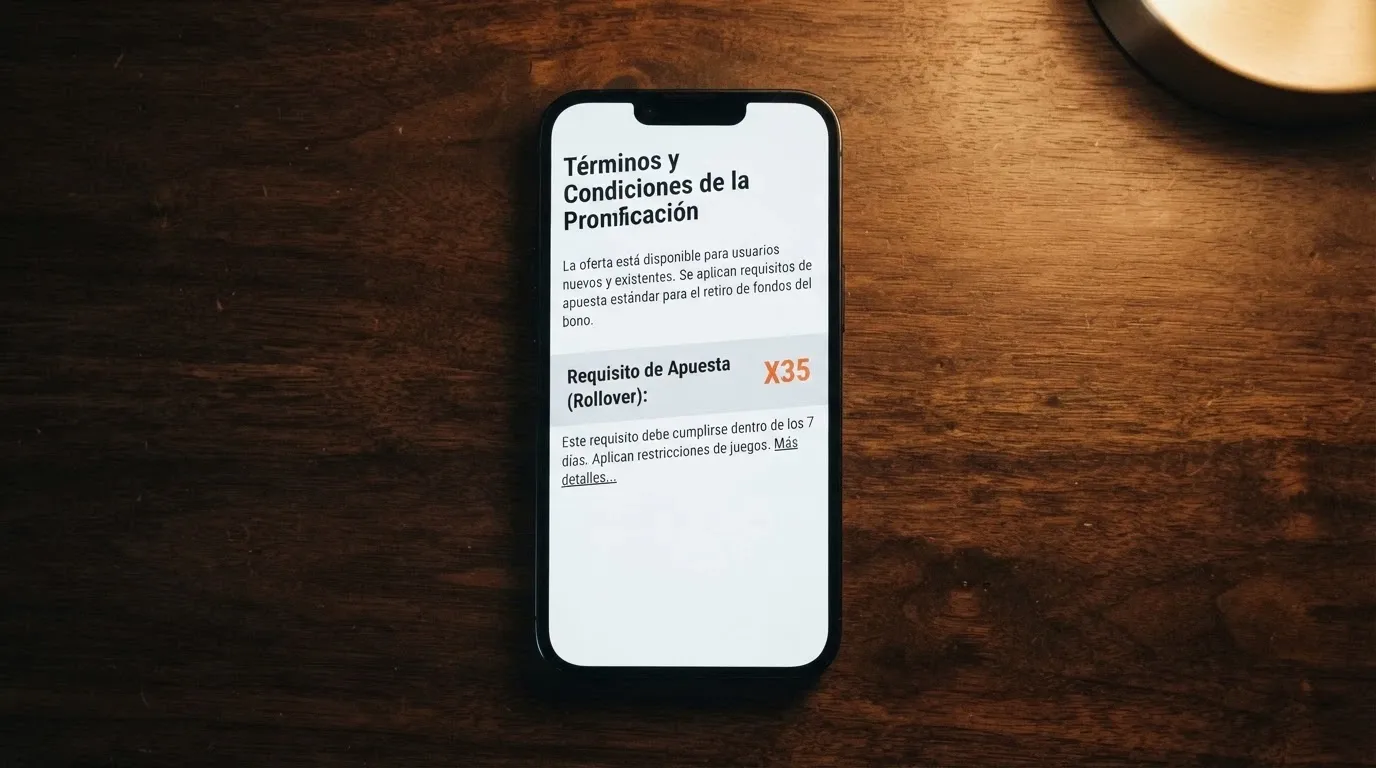 Un primer plano de la sección de términos y condiciones de un bono de casino en la pantalla de un móvil, con las cifras de rollover resaltadas