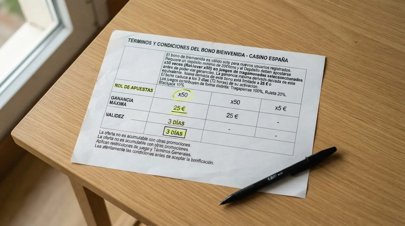 Primer plano de los términos y condiciones de un bono con las cifras de rollover, ganancia máxima y caducidad resaltadas