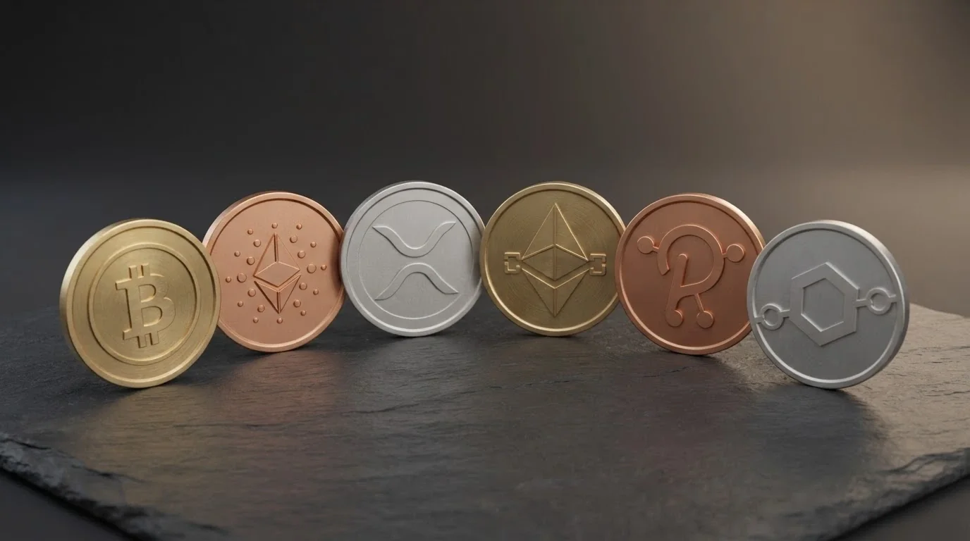 Monedas con los símbolos de Bitcoin, Ethereum, USDT, Litecoin, Dogecoin y Solana sobre un fondo de casino digital