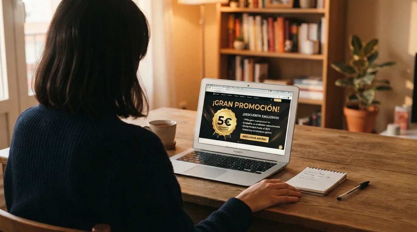 Jugador consultando las condiciones de un bono en la sección de promociones de la web de un casino online español