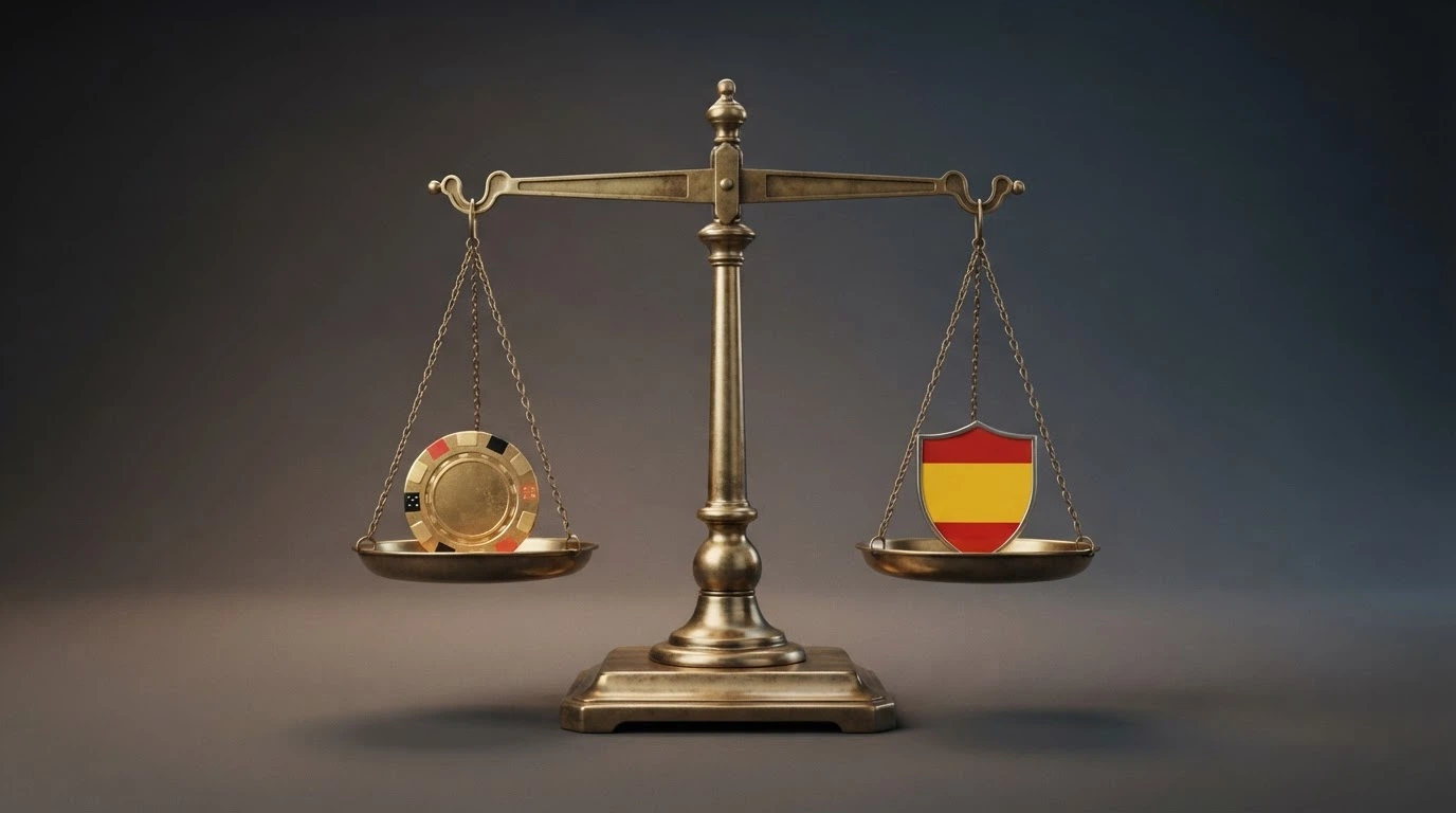 Una balanza con un símbolo de bitcoin en un platillo y un escudo con la bandera de España en el otro, buscando el equilibrio