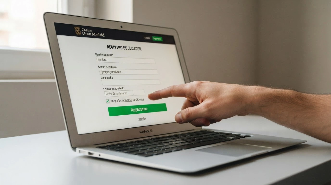 Mano marcando una casilla de verificación junto a un botón de registro en un casino online español
