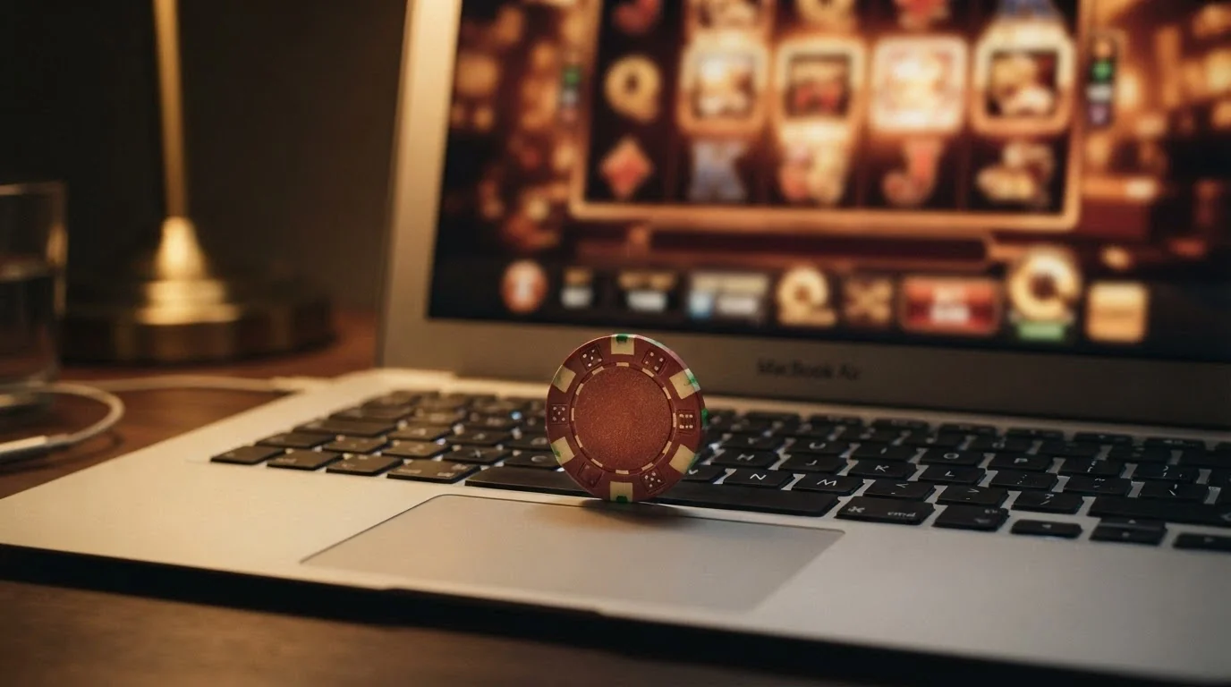 Primer plano de una moneda de 1 euro sobre el teclado de un ordenador con la pantalla de un casino online al fondo
