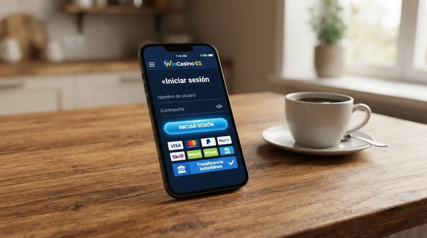 Un teléfono móvil apoyado sobre una mesa con una taza de café, mostrando la pantalla de inicio de sesión de un casino con dominio .es y el icono de Bizum visible en la zona de cajero