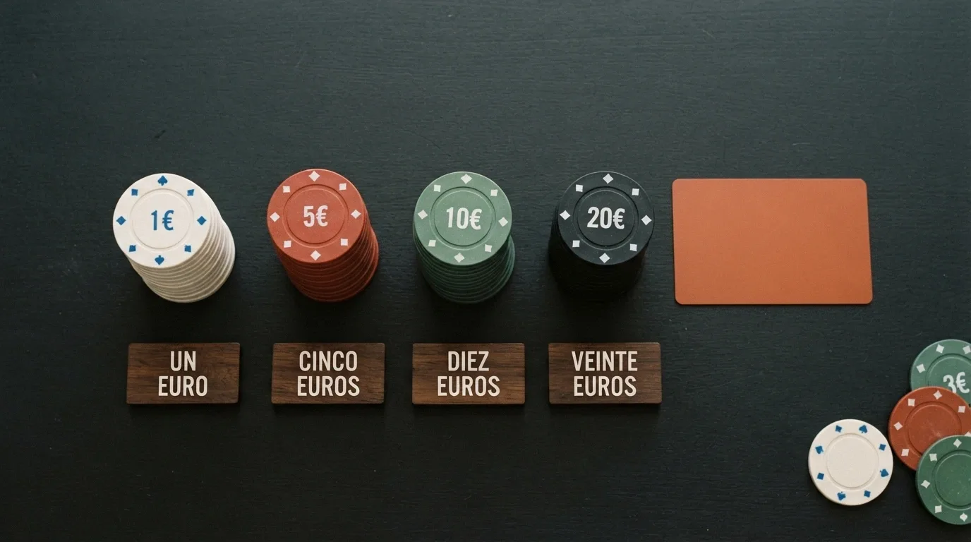 Comparativa visual de importes de depósito (1€, 5€, 10€, 20€) junto a fichas de casino y una tarjeta CaixaBank, ordenados de menor a mayor