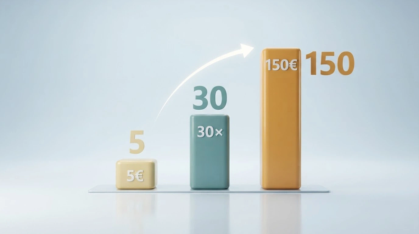 Representación gráfica de un requisito de apuesta: 5€ de bono × 30 de rollover = 150€ que apostar antes de retirar