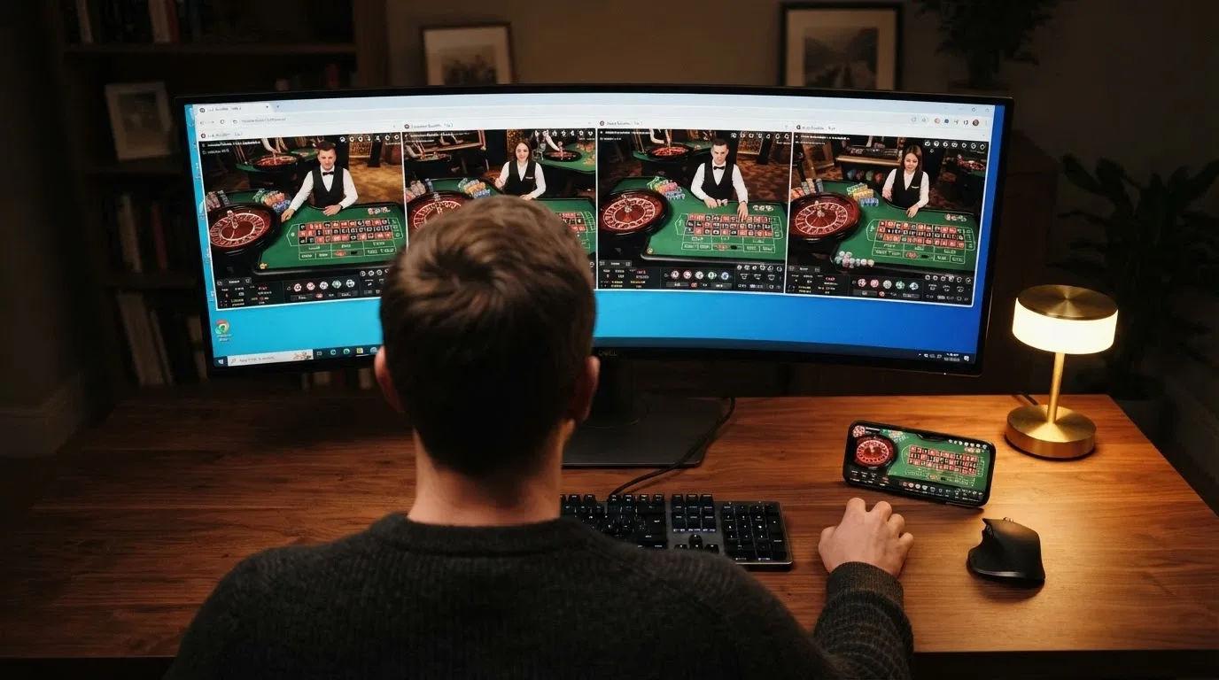 jugador sentado frente a una pantalla de ordenador que muestra varias mesas de ruleta en vivo abiertas en pestañas, con actitud de estar comparando