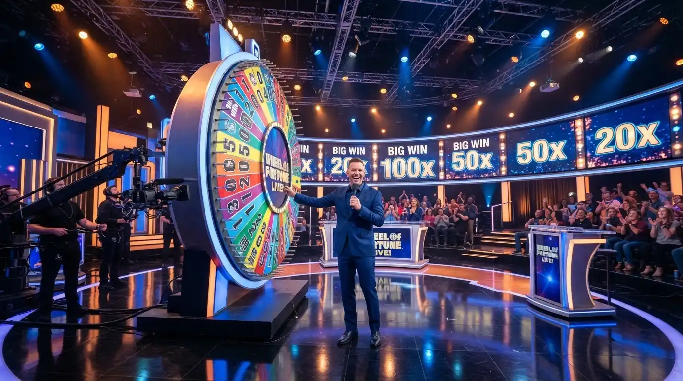 El estudio de Crazy Time con el presentador ante la rueda, pantallas de multiplicadores y la interfaz de apuestas visible
