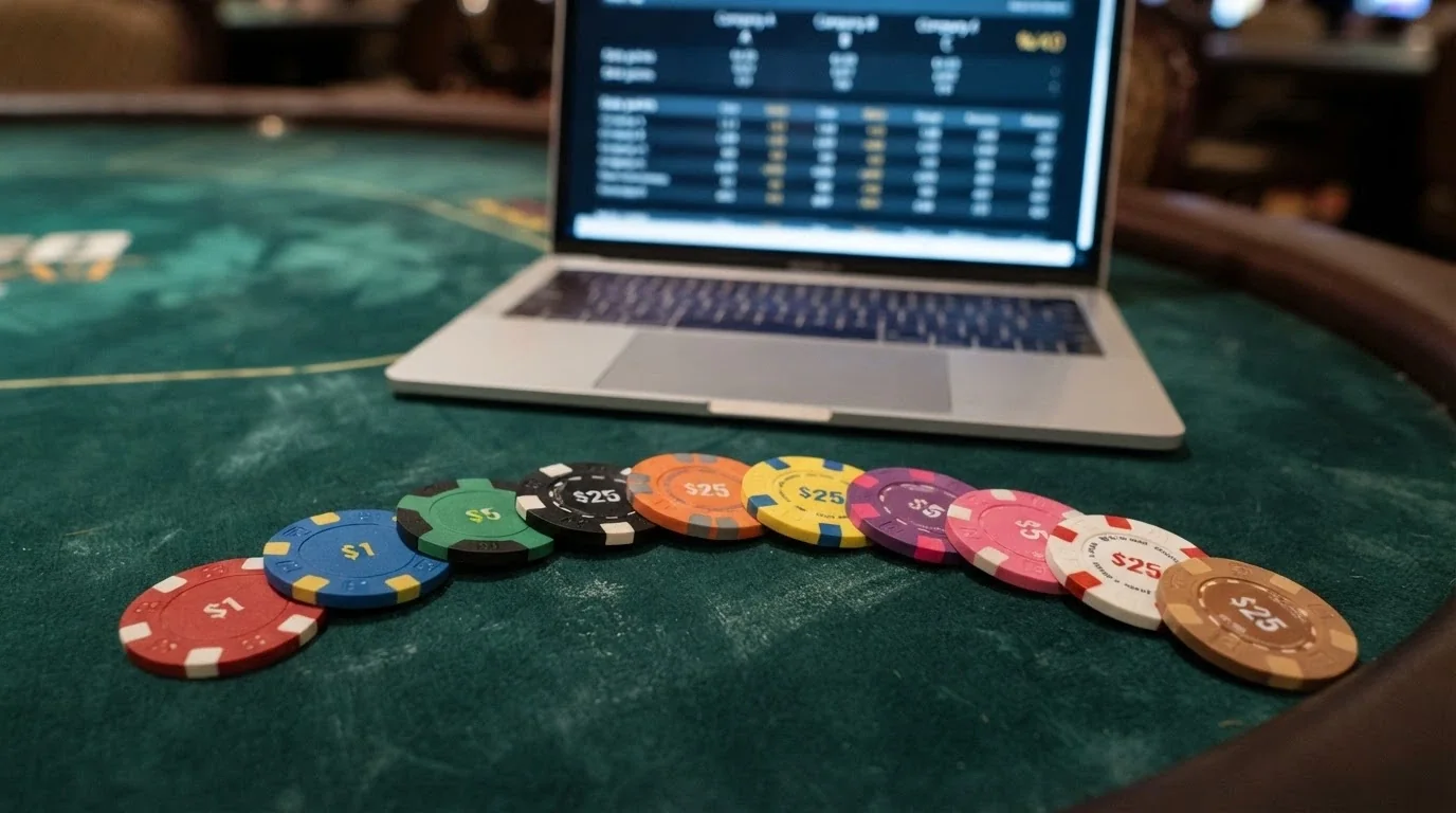 Diez fichas de casino apiladas sobre una mesa de juego con los logotipos de los operadores DGOJ revisados visibles en la pantalla de un portátil al fondo