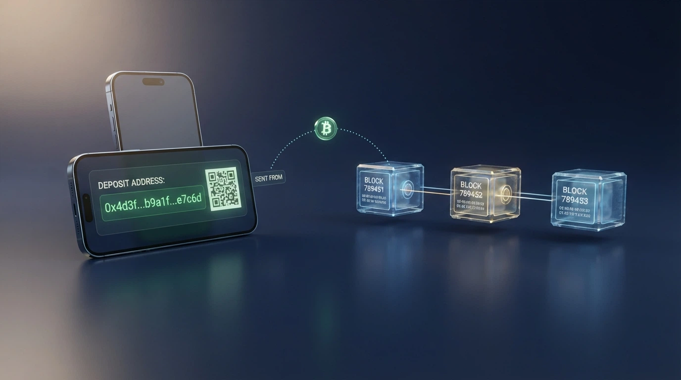 Representación visual del proceso de depósito con Bitcoin Cash: un monedero cripto enviando BCH a la dirección de un casino online
