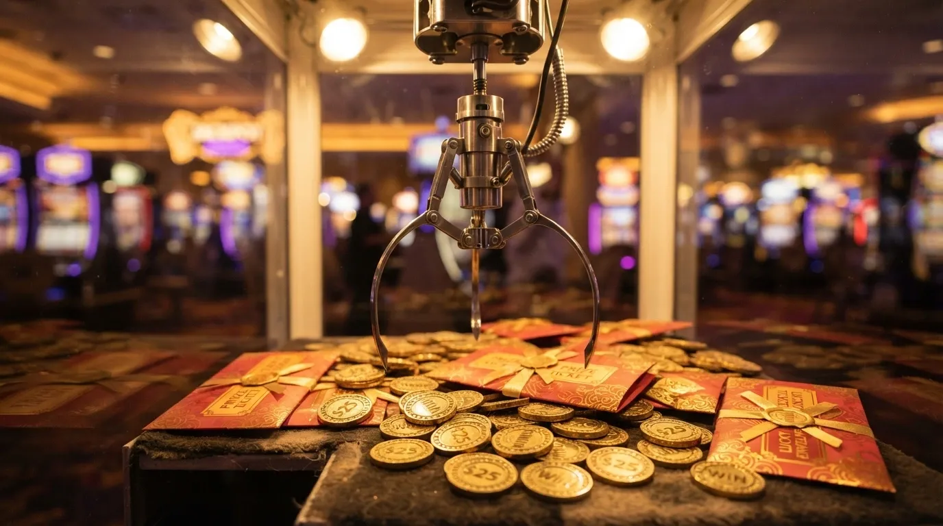 Primer plano de la garra del Bonus Crab atrapando un premio entre monedas doradas y sobres de bonificación sobre un fondo de casino