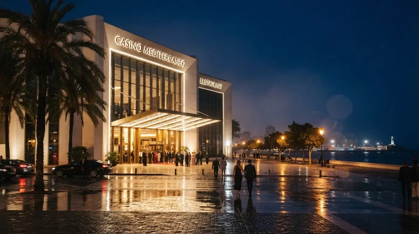 Fachada exterior del Gran Casino Barcelona junto al Port Olímpic de noche
